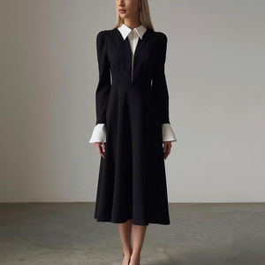 Doppia Zip Patchwork manica lunga primavera 2025 ufficio abiti lunghi donna donna donna elegante abito <span class=keywords><strong>nero</strong></span> con <span class=keywords><strong>colletto</strong></span> <span class=keywords><strong>bianco</strong></span> - Product Image 1