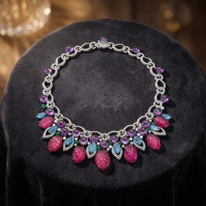 Luxury Women <b>Statement</b> <b>Necklace</b> 925 Silver Rhodium Plated Amethyst Leaf Design Party Jewelry - Product Image 3
