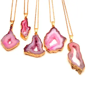 Gemstone Slice Plating Pink Geode Druzy Slice Pendants Gold Free from Shape Raw Big Pendant Green Charm For Jewelry Making