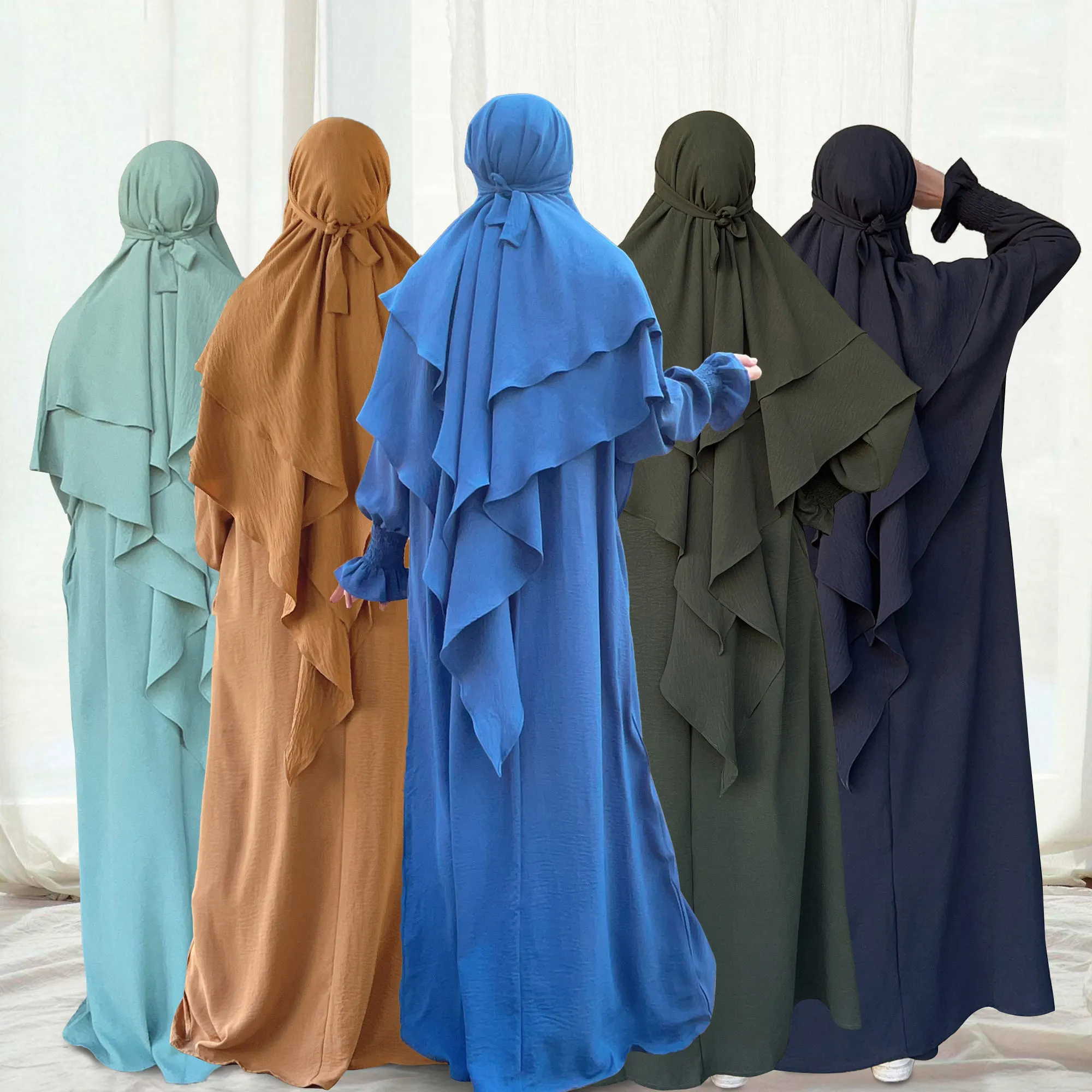 2023 Nieuwe Bloem Elastische Mouw Bescheiden Abaya Jurk Met Abaya En Khimar Set Islamitische Kleding Moslim Vrouwen