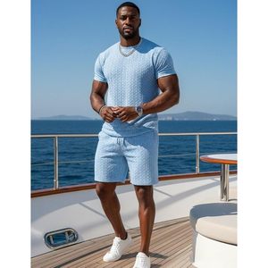 Conjunto de verano personalizado para hombre, 2 piezas, camiseta de algodón tejida transpirable con cuello redondo y pantalones cortos, conjunto deportivo informal a juego. - Product Image 4