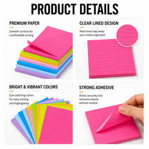Blocs-notes autocollants lignés colorés, blocs-notes adhésifs, papier lisse aux couleurs vives et brillantes pour le bureau, l'école, les rappels quotidiens - Product Image 2