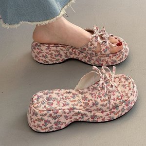 Women French Floral Bow Wedge Platform Slippers Height Boosting One‑Band Casual Outdoor Summer Slide <b>Sandals</b> 2026 - Product Image 1