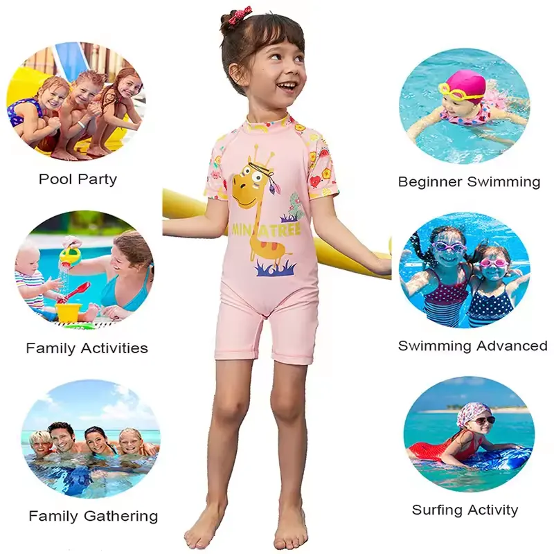 Roupa de banho de manga curta para crianças e meninas, roupa de banho rosa de verão com vários designs