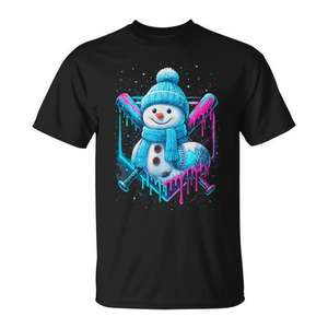 T-shirt Baseball Drip Snowman pour garçons avec motif de flocons de neige néon, vêtements amusants pour l'hiver - Product Image 1