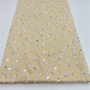 Tissu satiné texturé jaune <span class=keywords><strong>moutarde</strong></span> avec broderie de sequins argentés ondulés pour robe de soirée, robe de mariée, cheongsam - Product Image 3