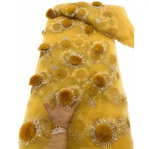 Sexy xem qua vải tuyn 3D Pom-Pom thêu đính cườm Ren Vải cho cô dâu mặc quần áo Gown Bar giai đoạn ăn mặc Vải