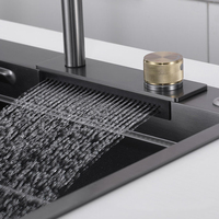 Robinet de cuisine à double trou en acier inoxydable, cascade Fly Rain avec douchette extractible, pour grand lavabo simple