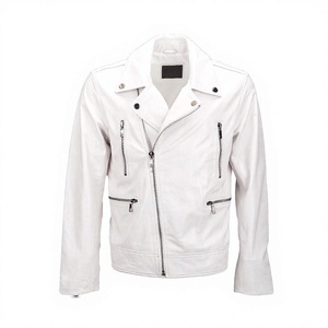 OEM Custom Design 100% Cow Hide Leather <b>Jacket</b> White Stylish Men's Stand Collar <b>Biker</b> <b>Jacket</b> Fashion Statement - Product Image 1