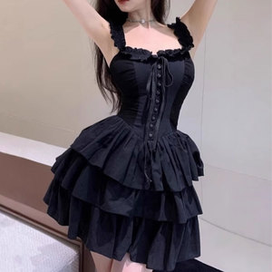 Nouvelle arrivée été <span class=keywords><strong>petite</strong></span> <span class=keywords><strong>robe</strong></span> <span class=keywords><strong>noire</strong></span> pour les femmes Sexy français col carré fronde Spaghetti sangle décontracté princesse naturel solide - Product Image 1