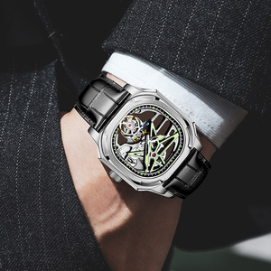 Montre de luxe squelette carrée à tourbillon pour homme, cadran étoilé ajouré, bracelet en cuir noir, montre-bracelet mécanique rétro - Product Image 4