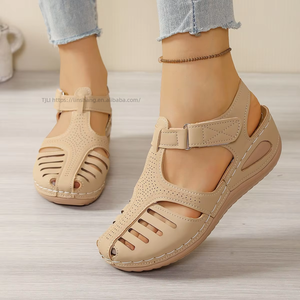 Women New Hollow European and American Wedge <b>Sandals</b> Summer Thick Sole <b>Closed</b>-<b>Toe</b> Roman <b>Sandals</b> Wholesale - Product Image 2