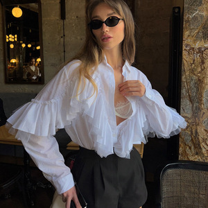 Blusa de Manga Larga para Mujer, Blusa Elegante a la Moda de Color Blanco para Mujer, Blusas con <span class=keywords><strong>Volantes</strong></span> - Product Image 3
