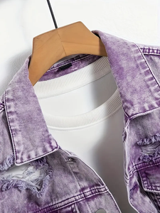 Giacca in Denim viola da uomo, cappotto Casual in jeans strappati con colletto classico e tasche Multiple - Product Image 3