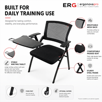 Chaise de formation empilable moderne à dossier en maille avec tablette d'écriture et siège rembourré, idéale pour salles de classe et salles de réunion