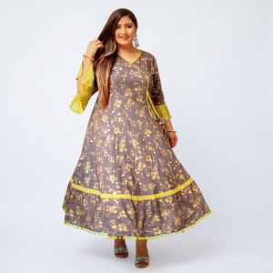 Premium Rayon Floral Print Anarkali Kurti Women's Plus Size Angrakha Neck <b>Bell</b> <b>Sleeves</b> Flared Fit Grey Color Casual Party Wear - Product Image 1