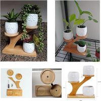 Pot tanaman keramik sukulen dengan rak kayu, Pot tanam kecil, Pot bunga untuk taman balkon, teras, rumah, Desktop