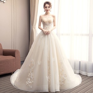 Strapless Champagne Ball Gown Wedding Dress With Embroidery Floral Print Empire Waistline Chiffon Train - Product Image 1