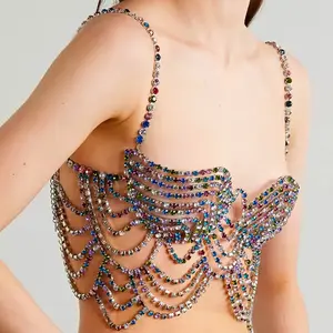 Strass-Strass-Neue gemischte Farbe mehrschichtige Brust sexy Quaste Körperkette für Damen-Halskette BH Strass-Kette Körperschmuck