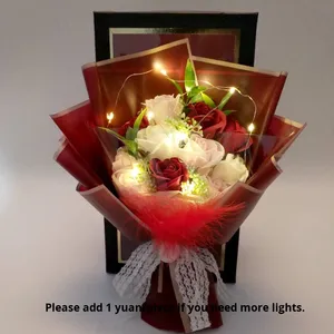 Boîte cadeau de fleurs de savon en forme de rose, bouquet de fleurs éternelles pour la Saint-Valentin, anniversaire, remise de diplôme, avec guirlande lumineuse - Product Image 5