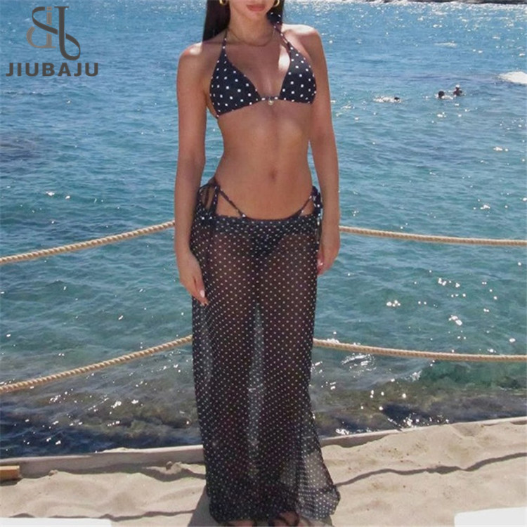 Long Skirt Piece Swimming Suit 2024 Halter String Print 3-Piece