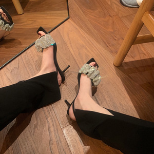 Fashionable Women's Pumps New Summer Style Black High Heels Pointed <b>Toe</b> Slip-On Square Heel 7cm Height. Decorated Rhinestones - Product Image 5