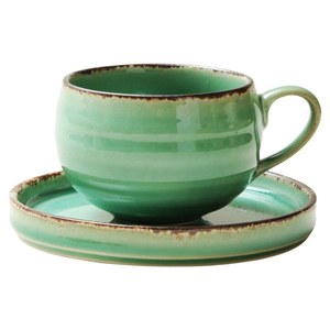 Juego de taza y platillo de cerámica verde esmeralda estilo Wabi Sabi con asa redonda para té de la tarde - Product Image 5
