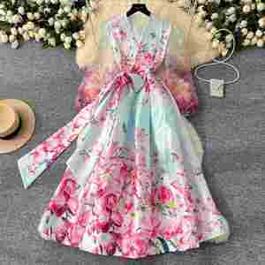 Vestido Midi Casual de Verano 2025 Tallas Grandes con Cuello en V y Manga Larga, Estampado Digital de Malla Tejida con Parches, Estilo Imperio, Sencillo para Fiesta - Product Image 1