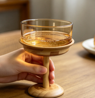 Gobelet en verre borosilicate fait main, bol rond ambré avec tige en bois, 301-400 ml, pour servir du vin, de la bière ou du champagne
