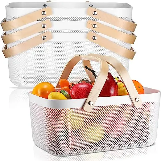 Harvest Basket Storage Metal Picnic Fruit Food Metal Wire Mesh Basket With Wooden Handle Vegetable Storage Mesh Basket