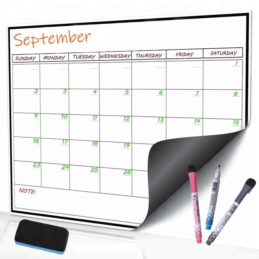 Tableau blanc magnétique PET calendrier effaçable à sec planificateur hebdomadaire avec gomme à stylos