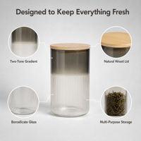 Pot de rangement en verre à double tonalité avec nervures verticales et couvercle en bois, récipient décoratif en verre pour le stockage alimentaire en cuisine, ambre et fumé