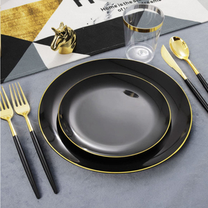 Juegos 150 de plástico desechable PS vajilla de comida occidental plato de cena blanco borde dorado negro incluye cuchillo cuchara fiestas de vino - Product Image 2