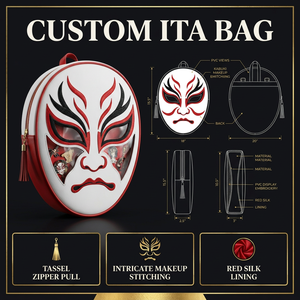 Sac Ita personnalisé style masque Kabuki japonais, avec broderie de maquillage complexe, tirette de fermeture éclair à pompon rouge, doublure en soie et pochette esthétique pour épingles - Product Image 1