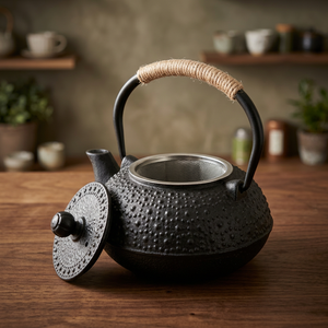 Théière en métal traditionnelle chinoise avec couvercle et poignée, design texturé noir - Product Image 6