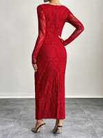 Robe longue maxi élégante et décontractée pour femme, coupe droite, manches longues, décolleté plongeant, dentelle florale, fente arrière, tendance 2026