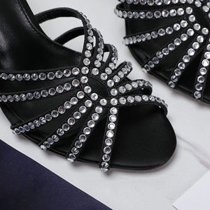 Mules de tacón alto con adornos de cristal negro, sandalias de tiras con pedrería y punta abierta, proveedor mayorista - Product Image 6