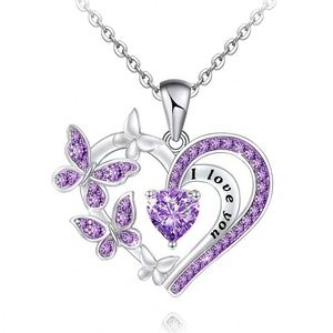 Collar y Pendientes de Mariposa y Corazón con Microincrustaciones de Diamantes de Imitación, de Aleación de Zinc, con Diseño de Corazón Morado y 'Te Amo' - Product Image 1