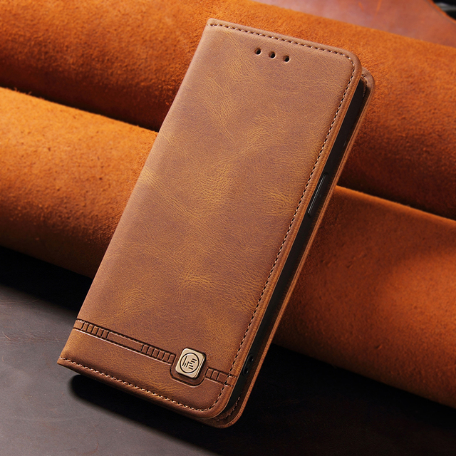 Flip Leather Case for iPhone 16 for Samsung S25 Premium PU Leather Kickstand Card Slots Cover Wallet Case