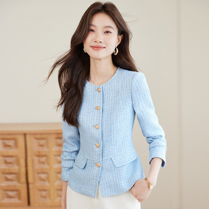 Women's Blue Blazer With Pockets Solid Color Polyester Worsted No-Wrinkle Treatment Autumn Spring Suit Top - Product Image 1