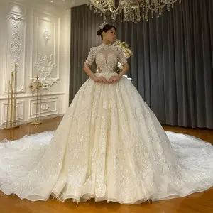 Ns4198 2022 Роскошные свадебные платья для невесты из ткани с высоким воротом и кружевной вышивкой