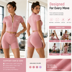 Ensemble <span class=keywords><strong>de</strong></span> <span class=keywords><strong>sport</strong></span> zippé à manches courtes pour <span class=keywords><strong>femme</strong></span> – Veste et short <span class=keywords><strong>de</strong></span> yoga personnalisés style streetwear – Survêtement - Product Image 2
