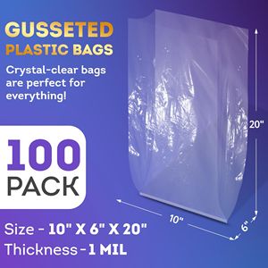 DB <b>Clear</b> Gusseted Poly <b>Bags</b> 10 X 6 X 20 Inch Pack of 100 Open Top Plastic <b>Bags</b> 1 Mil Thick for Food <b>Storage</b> - Product Image 2
