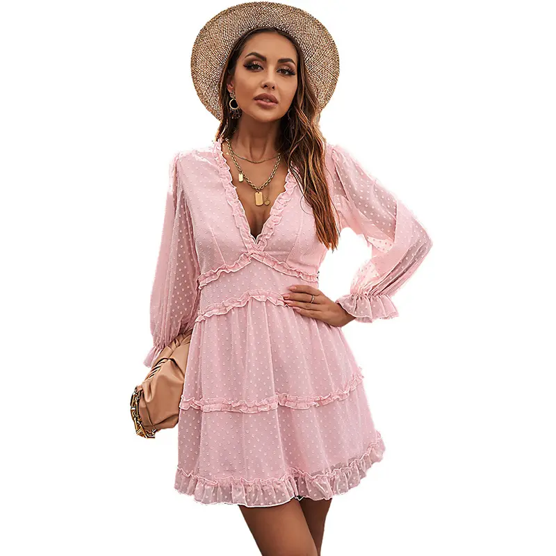 Woman European and American Style Spring and Autumn Backless Chiffon Waist-Tight Sexy High Waist Long Sleeve Floral Dress