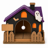 Maison pour chat en carton ondulé, style chalet hanté, griffoir et grotte intérieure pour chat avec boule suspendue