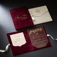 Set Undangan Pernikahan Folio Hardcover Beludru Biru Dongker Personalisasi, dengan Embos Foil Emas dan Akrilik, Termasuk Amplop