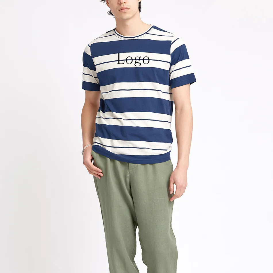 Dongguan şehir Streetwear erkekler özel Logo geniş çizgili kısa kollu çizgili T-shirt çizgili ekip boyun T Shirt