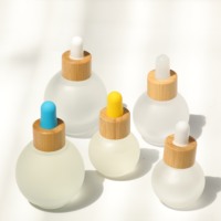 Flacon compte-gouttes rond en verre dépoli mat avec couvercle en bambou écologique, vide, pour cosmétiques, huiles essentielles, sérums, emballage personnalisé avec logo