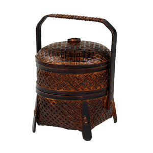 Handmade Rattan Woven Basket Round Double Layer Food <b>Container</b> With Handle Standing Type Home Use - Product Image 5