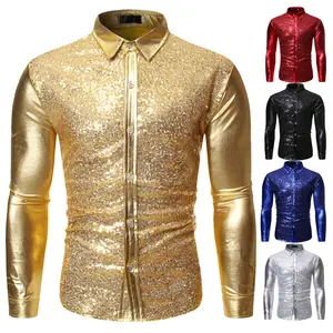 Men's Disco Shiny Gold Sequin Design Dress Shirt Long Sleeve Button Down Christmas Halloween Bday Party Stage Costume